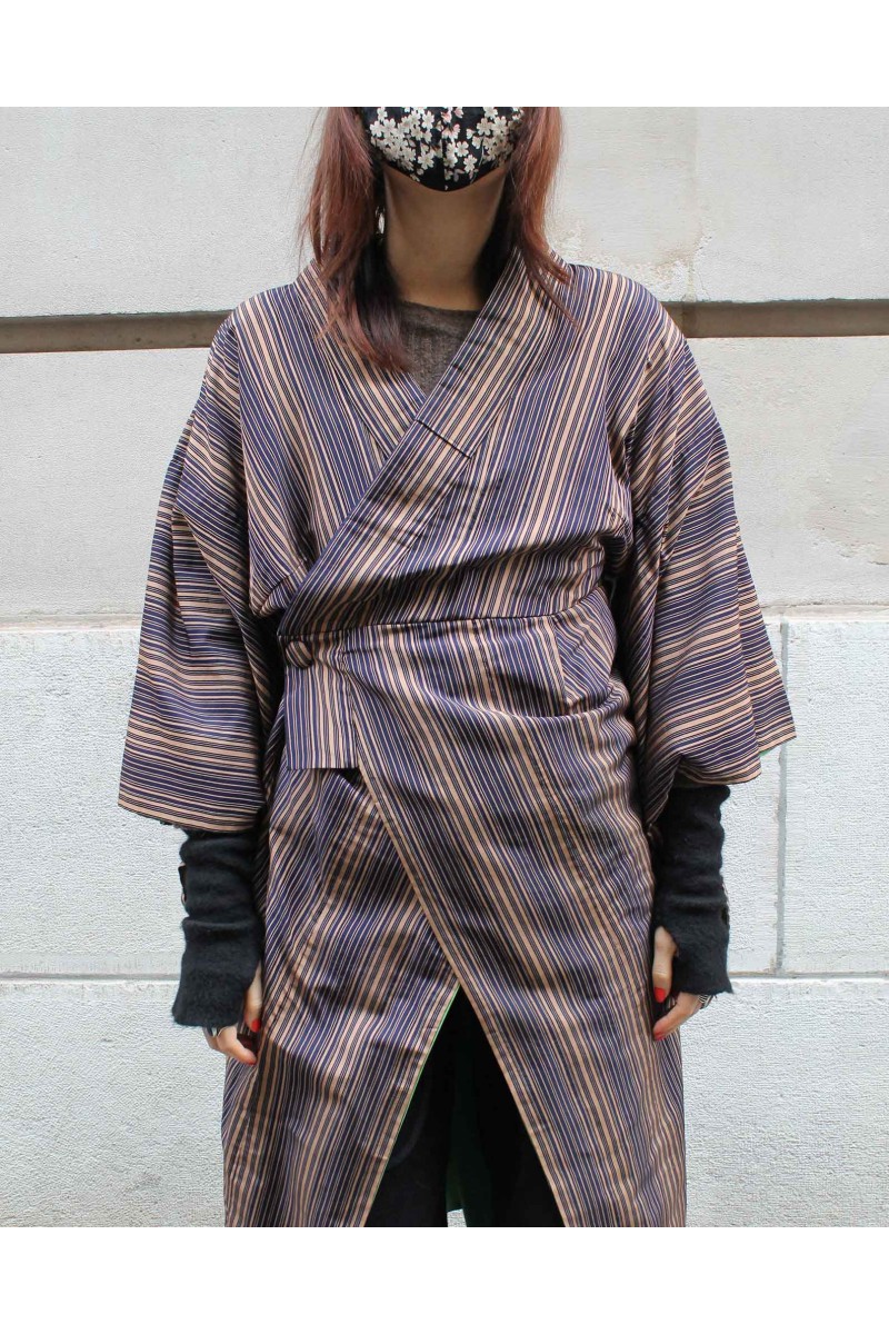 Manteau Kimono customisé Rayures beige Couleur Multicolore