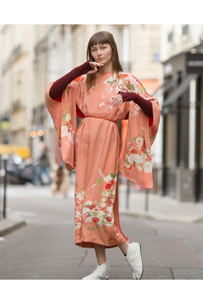 Robe kimono corail fleurie