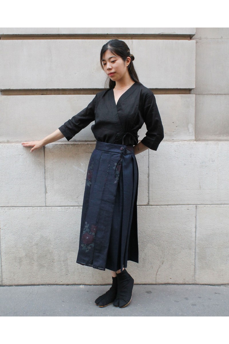 Blue Kimono skirt checked & Kasuri Silk