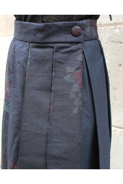 Blue Kimono skirt checked & Kasuri Silk