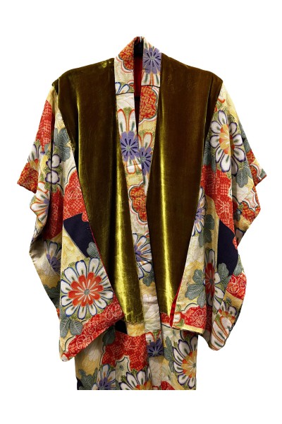 Kimono soie fleurie et velours