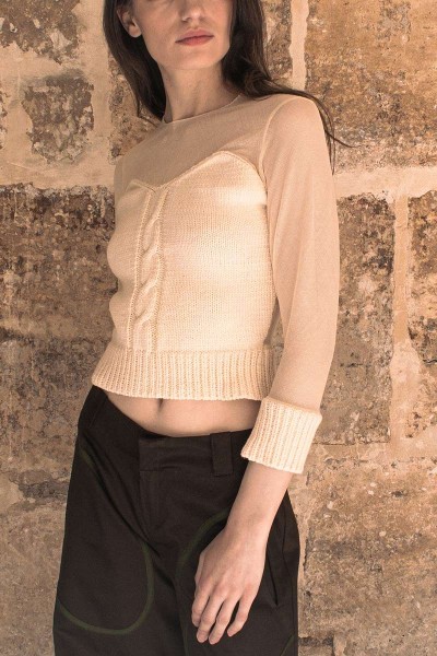 Knitted sweater with tulle sleeves