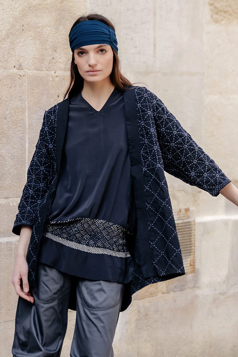 Black Cotton Sashiko kimono Jacket