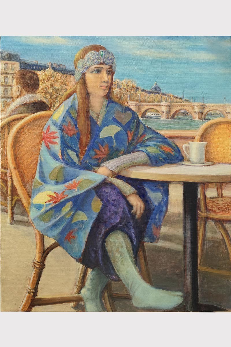 Young woman at the Café in a blue Kimono