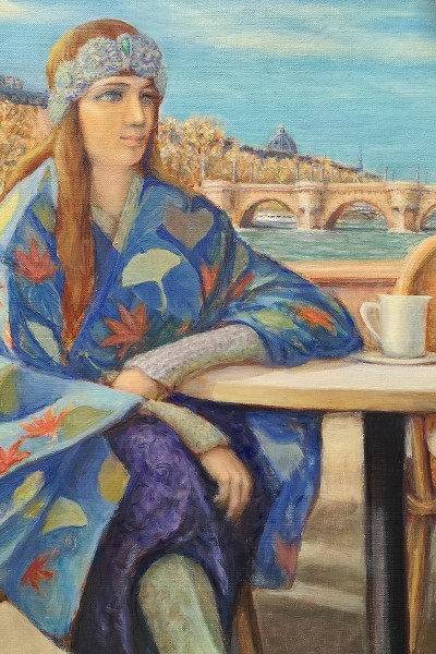 Young woman at the Café in a blue Kimono