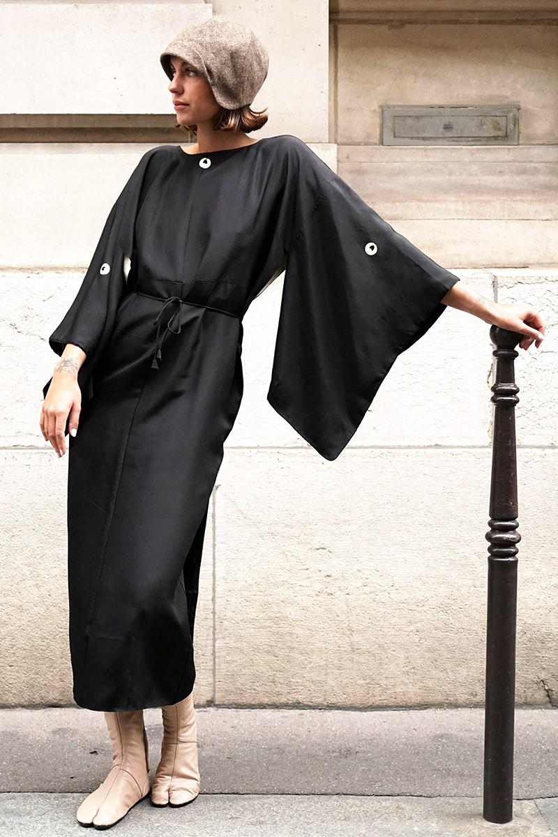 Black Silk Kamon Kimono Dress