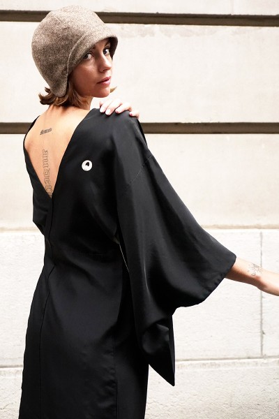 Black Silk Kamon Kimono Dress