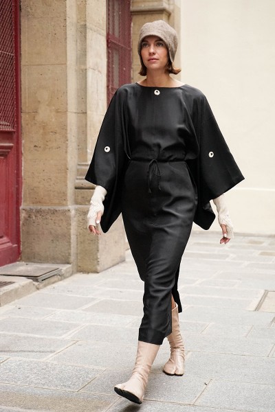 Black Silk Kamon Kimono Dress
