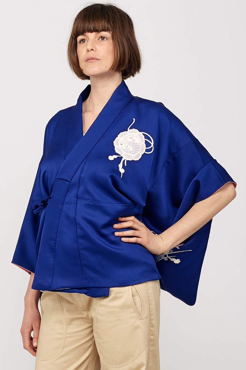 Veste Kimono Cache-cœur "Bleue Bouquets"